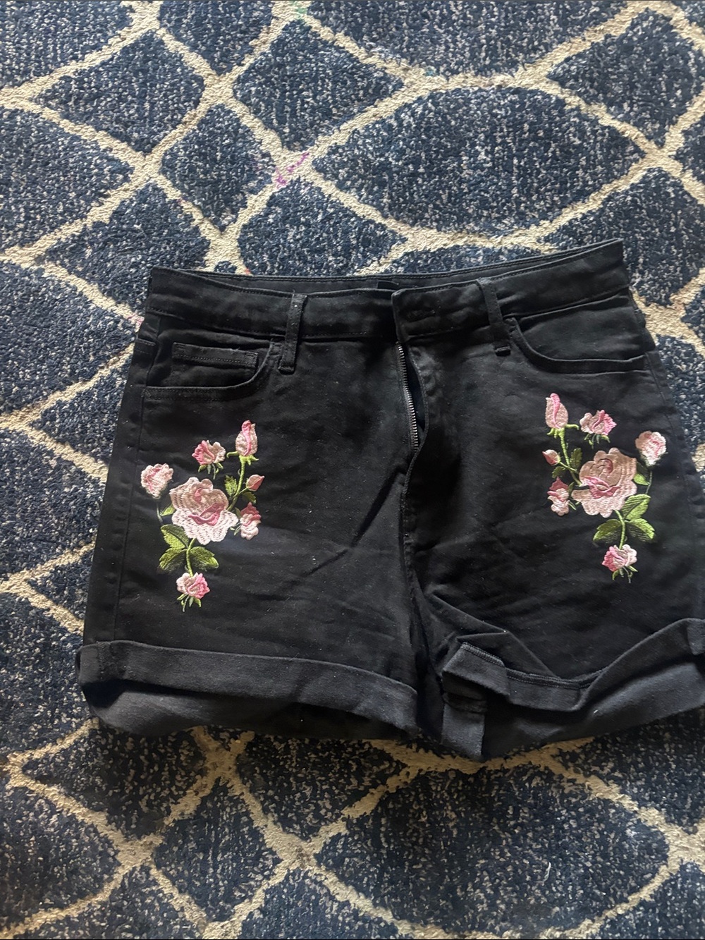 Guess Black Denim Shorts with Pink Rose Embroidery